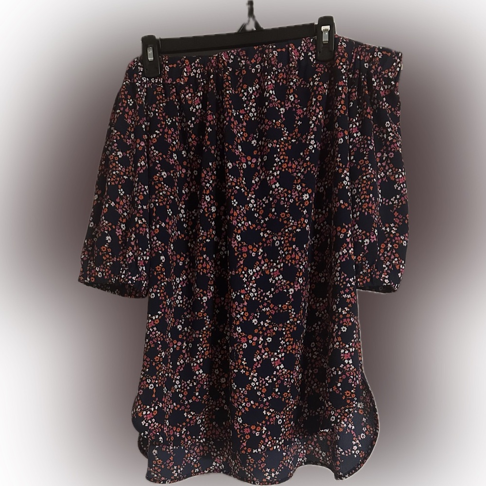 Michael Kors Navy Blue Pink Floral Off the Shoulder Blouse - Excellent Condition